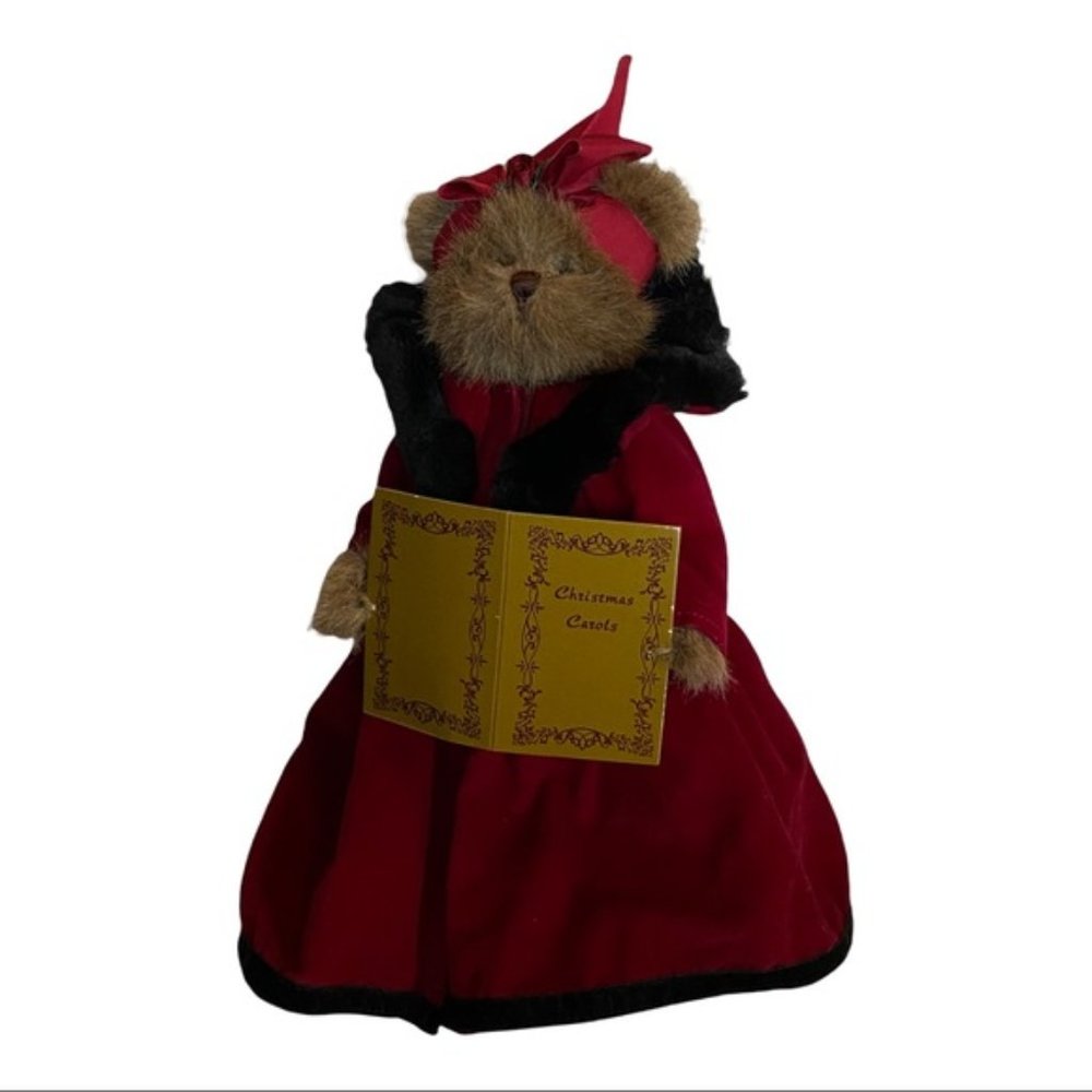 Bearington collection Christmas bear jointed maroon Velvet coat song book 12”